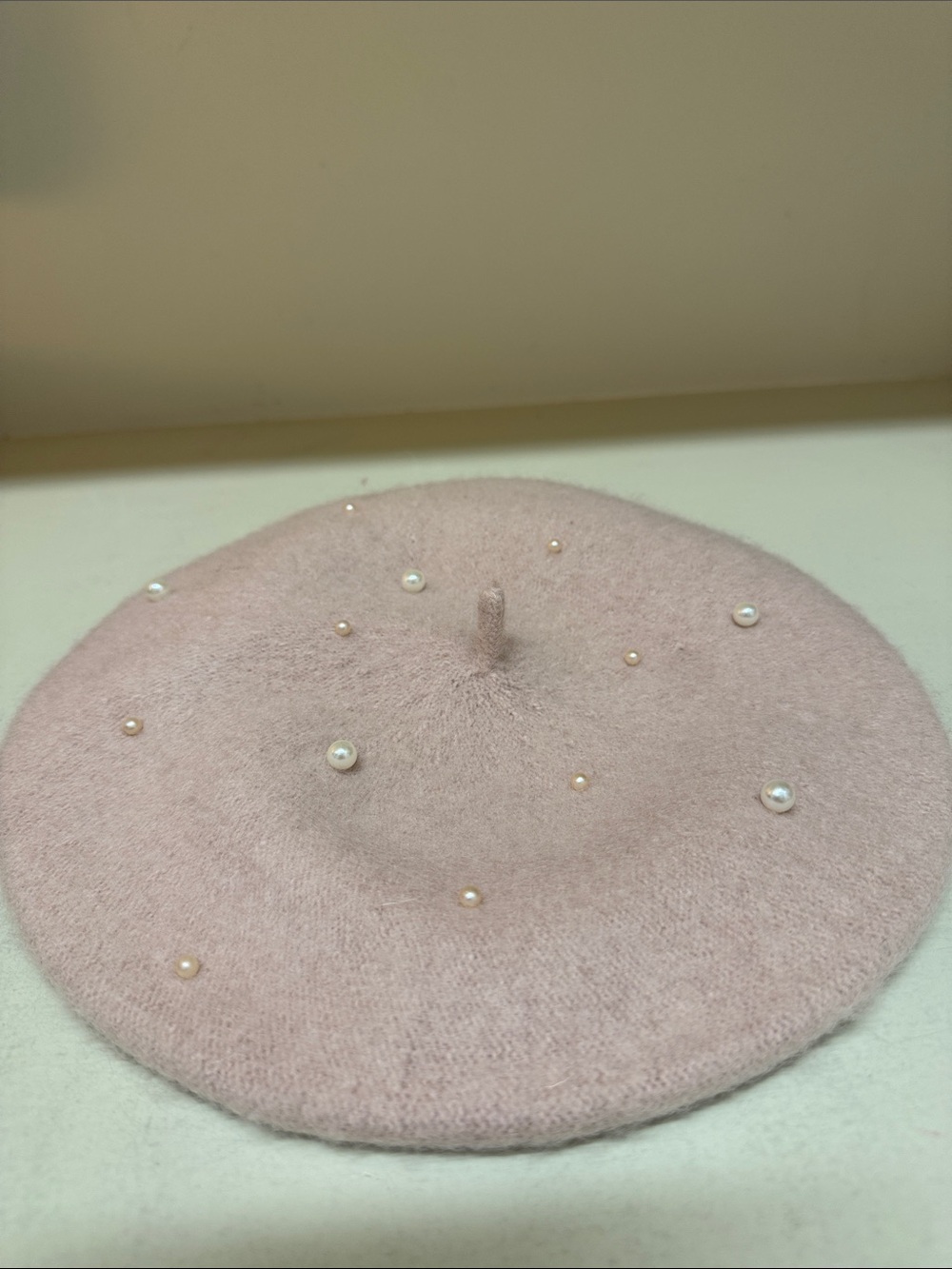 Anthropologie Pink Pearl-Embellished Wool Beret, NWOT